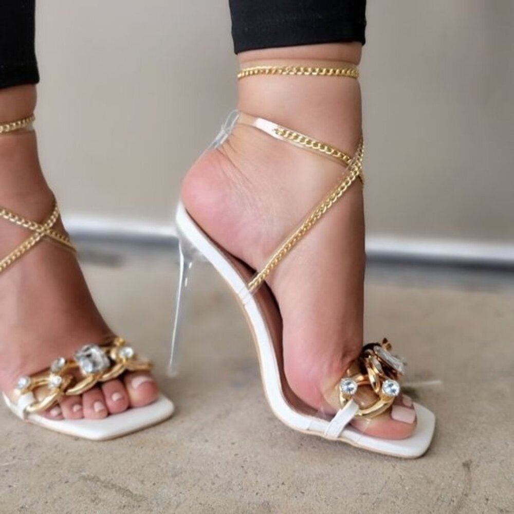 Elegant White Strappy Sandals Rhinestone Chain Open Square Toe Ankle Strap - Picture 5 of 5